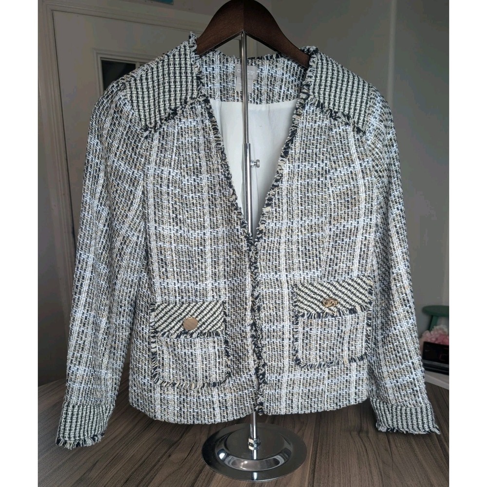 Chico's Tweed Fringe Jacket Women's Size 00P Black White Gold Textured Blazer